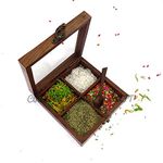 Creation India Craft Wooden Storage Spice Box Masala Box Mukhvas Box, Mouth Freshener Box 4 Partition Dry Fruit box Glass Lid on top and Spoon for Home Multipurpose Decorative Box 6x6x2 inch