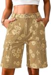 Eddoyee Bermuda Cargo Jorts for Women Denim Jean Shorts Casual Long Knee Length High Waisted Stretch Wide Leg Relaxed Fit(Khaki Daisy Floral, X-Large)