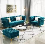 ANTIQUE WOOD ART Modern & Classic 4 Seater Fabric & Valvet Tufted 3+1+1Footrest Chesterfield Sofa for Living Room, Dining Room and Office-(Teal Green).