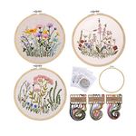 RosewineC 3 Pack Embroidery Starter Kit, Full Range of Cross Stitch Supplies Plants Flowers Pattern with Embroidery Clothes Hoops Threads Needles for Beginners Adults Kids