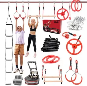 Fofana Ninja Warrior Obstacle Course for Kids – 32-Piece Backyard Playset, 9 Fun Training Obstacles, 65 Ft Slackline Kit Accessories - Outside Line Ninja Kids Toys, Outdoor Play Equipment