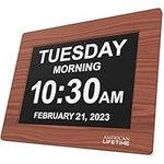 Newest Version, American Lifetime, Day Clock Extra Large Impaired Vision Digital Clock with Battery Backup and 5 Alarm Options, Brown Wood Color