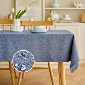 Decorelia Rustic Farmhouse Burlap Tablecloth for Dining Room Decor, Easy Care Waterproof Linen Rectangle Table Cloth for 8 Ft 8 Seater Dining Tables (Oblong, 60 x 104 Inch (8-10 Seats), Denim Blue)