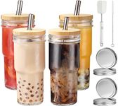 CJWLKJ 4 Pcs 24 Oz Glass Cups Tumbler with Lids and Straws & 4 Airtight Lids, Reusable Boba Bubble Tea Cups, Wide Mouth Mason Jar Drinking Glasses Iced Coffee Cups for Smoothie, Gift