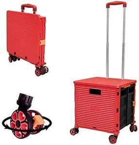 FELICON SELORSS Foldable Utility Cart Folding Portable Rolling Crate Handcart with Durable Heavy Duty Plastic Telescoping Handle Collapsible 4 Rotate Wheels for Travel Shop Move Luggage Office (Red)