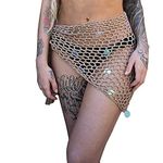 Women Hollow Out Crochet Bathing Suit Cover Up Triangle Shawl Wrap Scarf Sarong Fishnet Skirt with Sequins Khaki