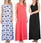 Real Essentials 3-Pack: Womens Silky Soft Comfy V-Neck Sleeveless Printed Colorful Tank Nightgown (Available in Plus Size), Set 6, Large