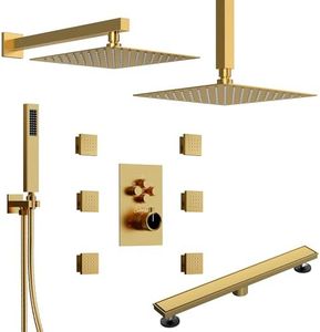 GRANDJOY Dual Rainfall Shower System with Body Jets & 24" Shower Drain Combo, Brushed Gold