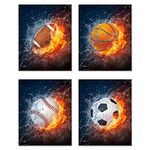 Summit Designs Flame Sports Balls Wall Art Décor – Set of 4 Unframed (8x10) Poster Photos – Basketball Baseball Soccer Football