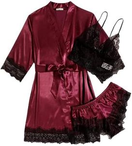 MAXMODA Pajama Sets Sexy Lingerie for Women Satin Sleepwear V Neck Cami Tops Lace Shorts Pj with Robe Gift Wine Red