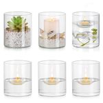 Hewory Glass Hurricane Candle Holder Set of 6, Clear Glass Candle Holders for Pillar Candles Floating Candles, 4 inch Glass Cylinder Hurricane Vases for Centerpieces Wedding Christmas Home Decor