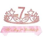 7th Birthday Sash and Tiara for Girls - Fabulous Glitter Sash + Stars Rhinestone Pink Premium Metal Tiara for Girls, 7th Birthday Gifts for Princess Party