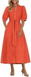 PRETTYGARDEN Women's Summer Midi Dress 2025 Casual Short Sleeve V Neck Buttons Belted Ruffle A Line Flowy Dress with Pockets (Orange,Small)