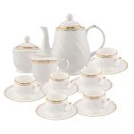 TAGROCK Bone China Tea Set with 6 Cups & Saucer, Tea Kettle Pot, Milk Pot, Sugar Pot White with Gold Line (Set of 15pcs)