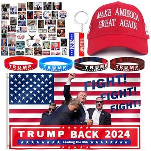 Trump 2024 Supporter Kit Trump 2024 Flag 3*5ft 2024 Trump Back Flags Banner,45-47 MAGA Hat Make America Great Again Hat,50Pcs Stickers Trump Keychain,4pcs 2024 Trump Take Ameirica Back Wristband