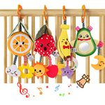 tumama 4 Pack Hanging Fruit Rattles Baby Toys,Avocado,Banana,Orange and Strawberry Baby Stroller Cot Crib Toy,Plush Soft Rattle with Teethers for 3 6 9 12 Months Boys and Girls Birthday Gifts