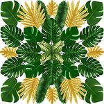 PietyPet Tropical Party Decorations, 50 Pieces 7 Kinds Artificial Palm Leaves Green and Gold Tropical Monstera Leaves with Stems for Hawaiian Luau Party Jungle Beach Table Leave Decorations