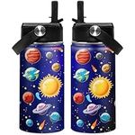 Kids Water Bottle Solar System Water Bottles 12oz with Straw Insulated Stainless Steel Travel School Tumbler Double Wall Vacuum Cup for Girls Kid Boys