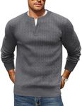 COOFANDY Mens Pullover Sweater Textured Long Sleeve Knitted Henley Sweaters Dark Grey