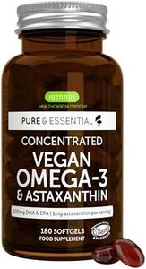 Pure & Essential Vegan Omega 3, 600mg DHA EPA, Pure & Sustainable Algae Oil Plus Astaxanthin, Heart, Brain & Eye Health, 180 Small Softgels