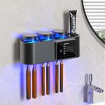 Wall Mounted Toothbrush Holder, Solar Powered Toothbrush Holder with 3 Cups, Toothbrush Stand with Air Drying, Multi-Functional Toothbrush Holder with 6 Toothbrush Slot (Black - 3 Cup)