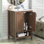 Anmytek Bathroom Vanity with Ceramic Sink, 24" Wood Bathroom Sink Cabinet with 2 Doors and Open Shelf, Walnut Modern Bathroom Vanity Cabinet Set (Faucet Not Included)