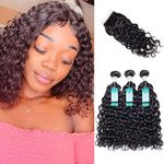 UDU Malaysian Water Wave Hair 3 Bundles with Swiss Lace Closure Free Part Ocean Wave Wet & Wavy Bundle Deals Human Hair Weave Extensions Remy Hair Bundles Malaysian Water Curly Hair