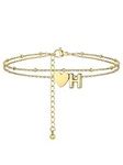 PROSTEEL Women Heart Anklet, H Letter Initial Ankle Bracelet, Adjustable Double-Layer Foot Chain for Beach Summer, Gold Plated 316L Stainless Steel (with Gift Box)