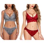 EVLIANA Women's Lace Bra and Panty Lingerie Set for Honey Moon (Free Size, Combo of 2) Silver, Red