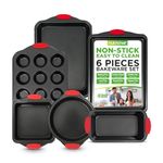 NutriChef, Bakeware Set, Baking Pans, Cookie Sheets, Nonstick, Baking Sheet Set, Includes Cookie Sheet, Baking Pan, Muffin Pan, Loaf Pan, Round Pan, Square Pan, 6 pc, Black With Red Silicone Handles