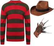 Edozos Men's Halloween Freddy Krueger Costume Hat + Glove Claw + Red/Green Stripes Jumper ~ Nightmare on ELM Street Horror Cosplay Fancy Dress Outfit (M)