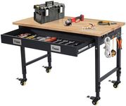 ACONEE 48" Adjustable Workbench for Garage, Heavy Duty Worktable with Drawer, 2000 LBs Load Capacity, Rubber Wood Workshop Bench with Power Outlet & 4 Lockable Wheels, 48x24x1.5 in Thick Rubber Top