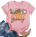 Stay Groovy Shirt for Women Cute Floral Graphic Tees Hippie 70s Tee Summer Tee Tops Light Pink