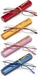 REAVEE 4 Pack Slim Pen Reading Glasses for Women Stylish Small Metal Tube Readers Spring Hinge with Portable Clip Case,Red Gold Pink Blue 2.5