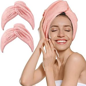 2 Pack Microfiber Hair Towel Wrap AUMA Super Absorbent Twist Turban for Women Fast Drying Hair Caps with Buttons for Drying Curly, Long & Thick Hair Anti Frizz (Pink)