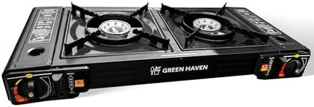 Green Haven Double Burner Camping Stove, Portable Butane Gas or LPG Cooker with Grill Plate and Outdoor Gas Cooker - Camping Cooker for BBQ Caravan