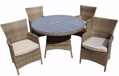 Rattan Garden Furniture Table and Chairs Sets, 5 Pieces Patio Outdoor Round Table Dining Sets ALUMINUM FRAME RUST FREE FULLY ASSEMBLED - Nature 120cm Table with 4 Seater