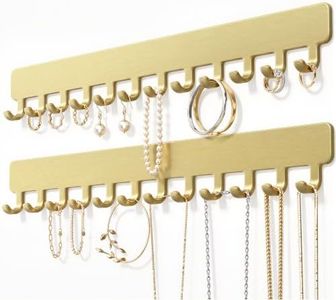 bussdis Self-Adhesive Necklace Holder, Wall Mounted Jewelry Organizer for Necklaces, Earrings, Rings & Bracelets, No Drilling, Space-Saving, 2 Pack, Gold