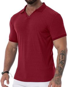Askdeer Men's Muscle V Neck Polo Shirts Slim Fit Shirt Short Sleeve Golf T-Shirts Ribbed Knit Soft Casual Tee, A09 Wine Red, XX-Large