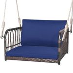 DORTALA Hanging Porch Swing, 1 Person Patio Wicker Swing Chair with Metal Frame, Cushion, Ropes & Hooks, Outdoor PE Rattan Swing Seat for Lawn Garden Backyard Balcony, Navy