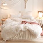 Beige Fluffy Comforter Cover Set, 3 Pieces (1 Plush Duvet Cover +2 Faux Fur Pillowcases) Luxury Shaggy Bedding,Zipper Closure (Beige, Queen)