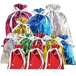 Foil Gift Bags Drawstring for Birthday Party,12 Pcs Solid 6 Color Large Gift Bags Multipack Reusable Xmas Jumbo Gift Goodie Bag,Shimmer Gift Wrapping Bags for Christmas,Presents,Wedding Holiday Party