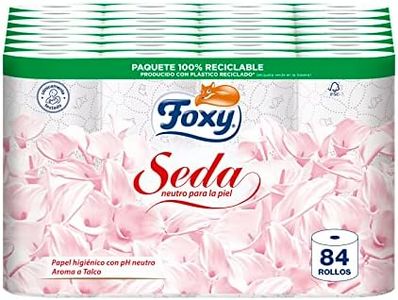 Foxy Seda | Papel higiénico 84 rollos | 173 servicios por cada rollo | Neutro para la piel | Certificación FSC | 100% Energía eléctrica renovable | Paquete reciclable producido con plástico reciclado
