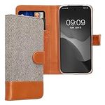 kwmobile Wallet Case Compatible with Google Pixel 9a - Case Fabric and Faux Leather Phone Flip Cover - Light Grey/Brown