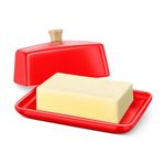 Flexzion Ceramic Red European Butter Dish with Lid for Countertop (7 Inch) - Wide 2 Stick Double Butter Holder for Counter, Cream Cheese Container Storage Keeper