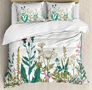 Ambesonne Flower Decor Duvet Cover Set, Flowers Leaves in a Spring Garden with Daisies Roses Hydrangeas Art Print, 3 Piece Bedding Set with Pillow Shams, Queen/Full, Multicolor