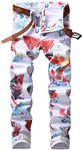 Enrica Men's Casual Printed Jeans Skinny Denim Pants, White&color, 32