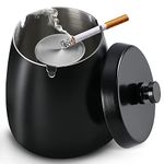 Ashtrays for Cigarettes Outdoor, Stainless Steel Ashtray with Lid, Smokeless Home Ashtray for Weed, Windproof Outdoor Ashtrays for Cigarettes Patio,Odorless Office Tabletop,Balcony, Large (Black)