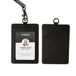 Badge Holders,Leather ID Badge Holder,Vertical Leather ID Badge Card Holder with 1 Clear ID Window & 2 Elastic Credit Card Slot and 1 Detachable Neck Lanyard for Offices ID,School ID (Black)