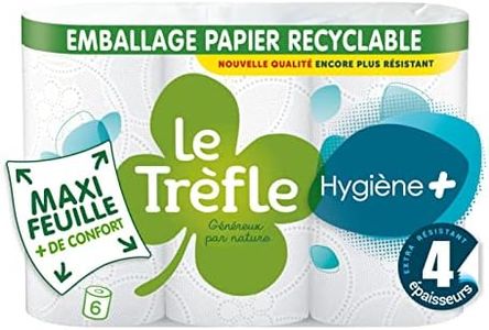Le Trefle Hygiène+ - Papier toilette - x6 Rouleaux -4 épaisseurs -Confort Ultime -Douceur remarquable -Maxi Feuilles- Emballage recyclable - certifié FSC® Mixte